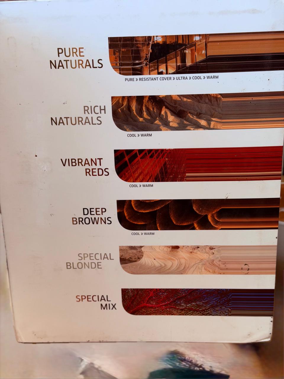 Koleston Perfect shade chart showing natural, red, brown and blonde ranges